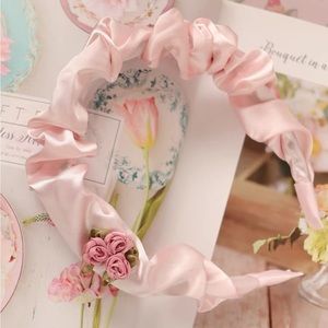 Cottagecore pink satin headband with rosette rose
